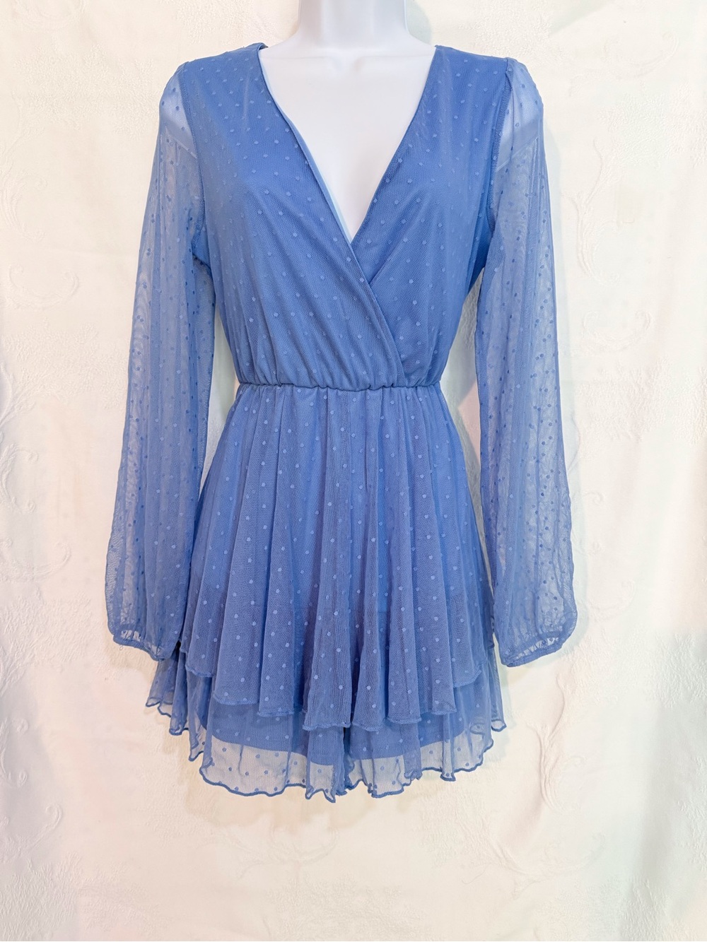 Sky Blue Long-Sleeve Swiss Dot Wrap Romper D0067